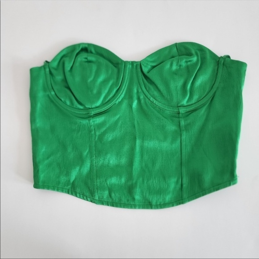 New Zara | Green Satin Effect Corset Crop Top - Picture 4 of 17